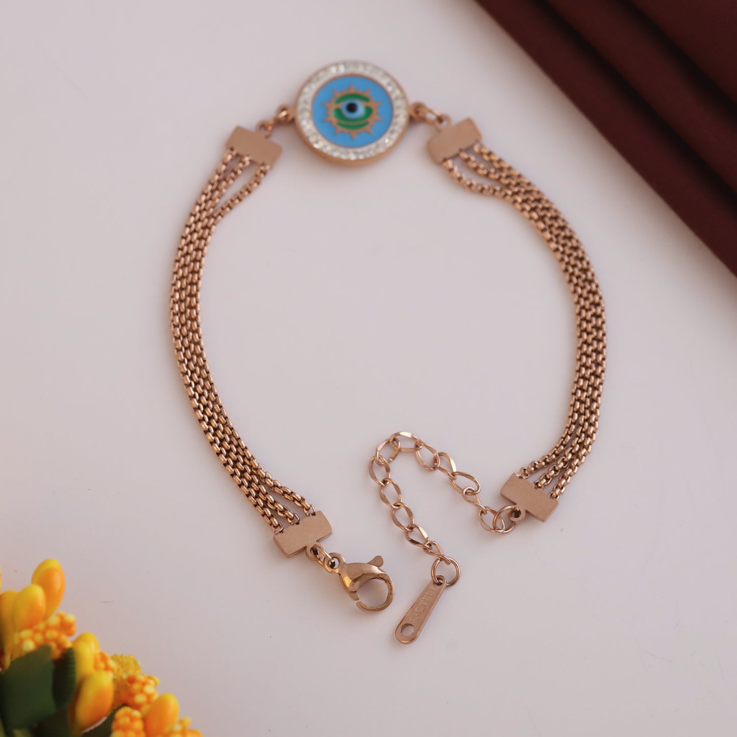 Evil Eye Free Hand Bracelet – Dual Chain Rose Gold Charm