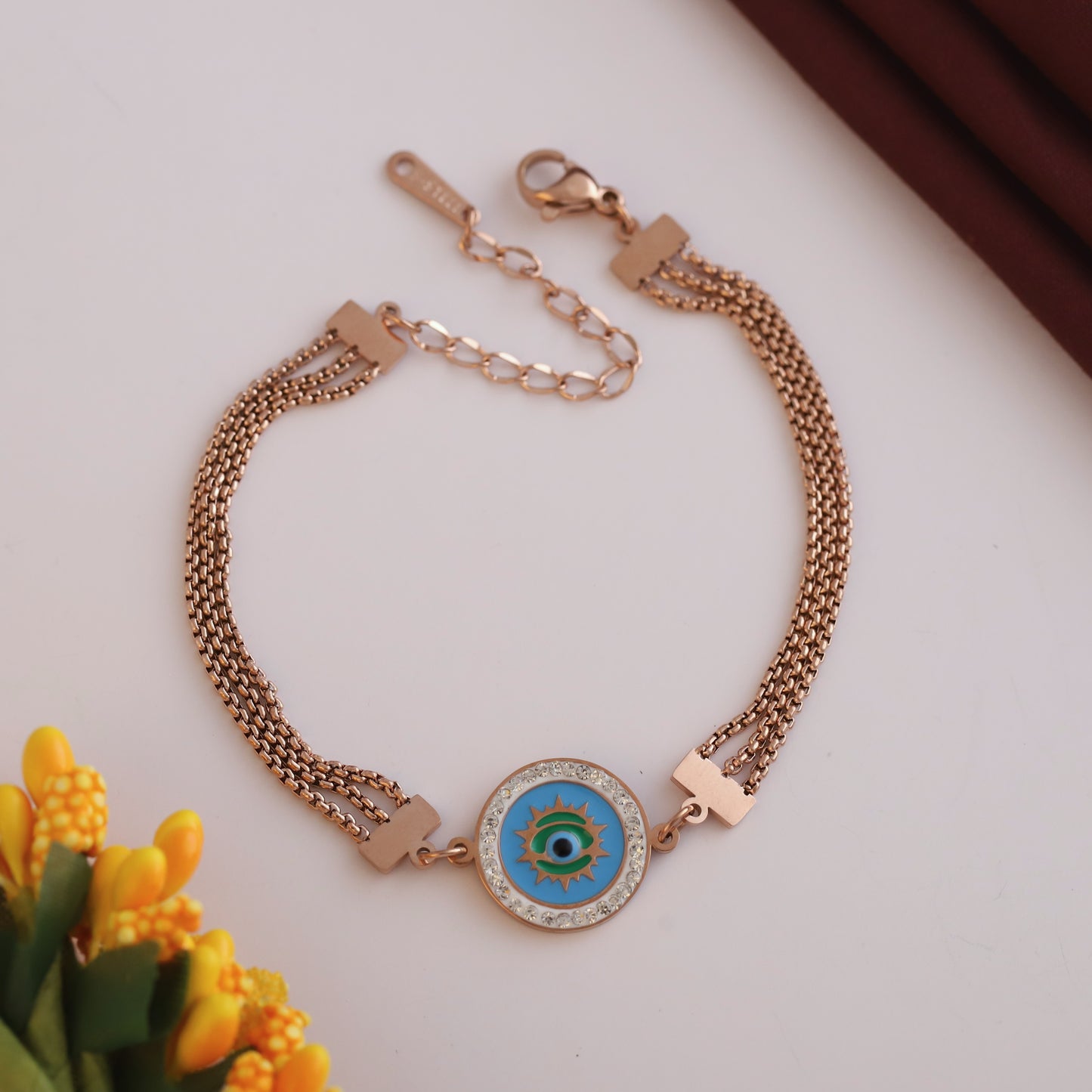 Evil Eye Free Hand Bracelet – Dual Chain Rose Gold Charm