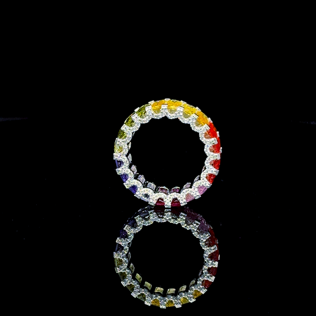 Rainbow Eternity Band Ring in 925 Silver | Multicolor CZ & Sparkle | Pride Jewelry | Unisex Stackable Ring