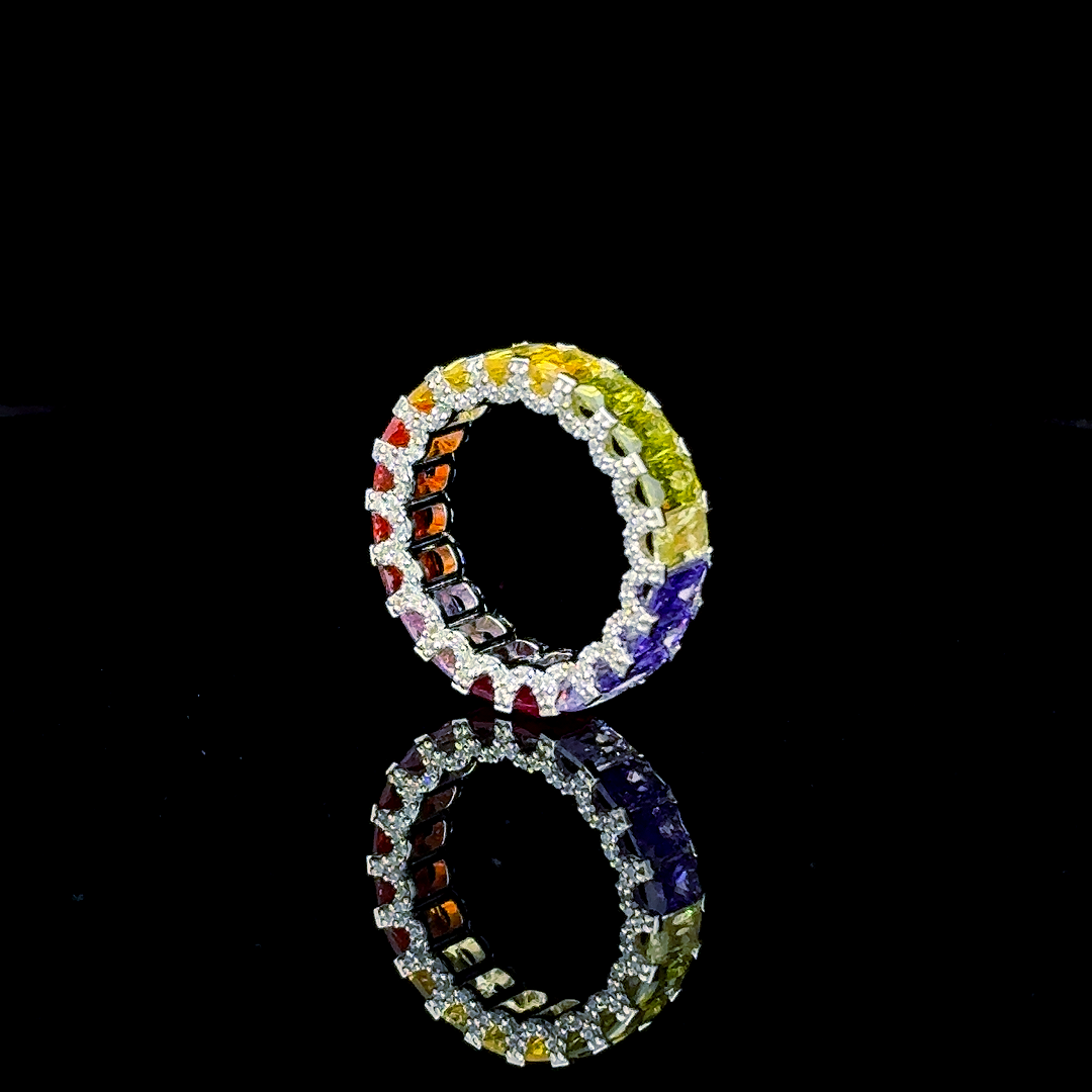 Rainbow Eternity Band Ring in 925 Silver | Multicolor CZ & Sparkle | Pride Jewelry | Unisex Stackable Ring