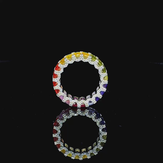 Rainbow Eternity Band Ring in 925 Silver | Multicolor CZ & Sparkle | Pride Jewelry | Unisex Stackable Ring