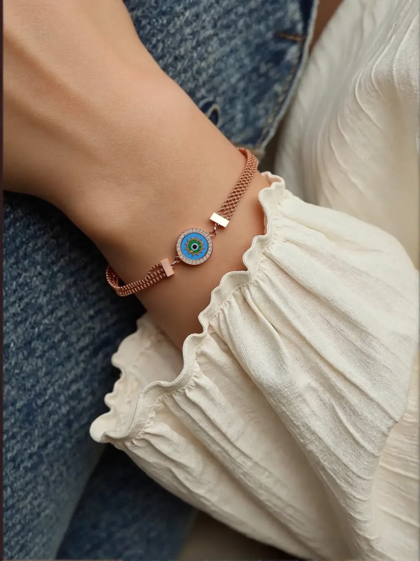 Evil Eye Free Hand Bracelet – Dual Chain Rose Gold Charm
